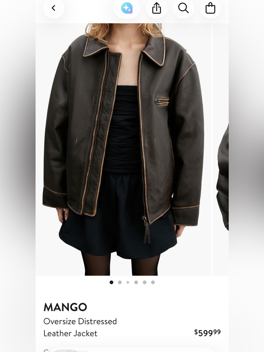 Mango women’s oversized Dark Brown Leather Bomber Jacket with Contrast Trim